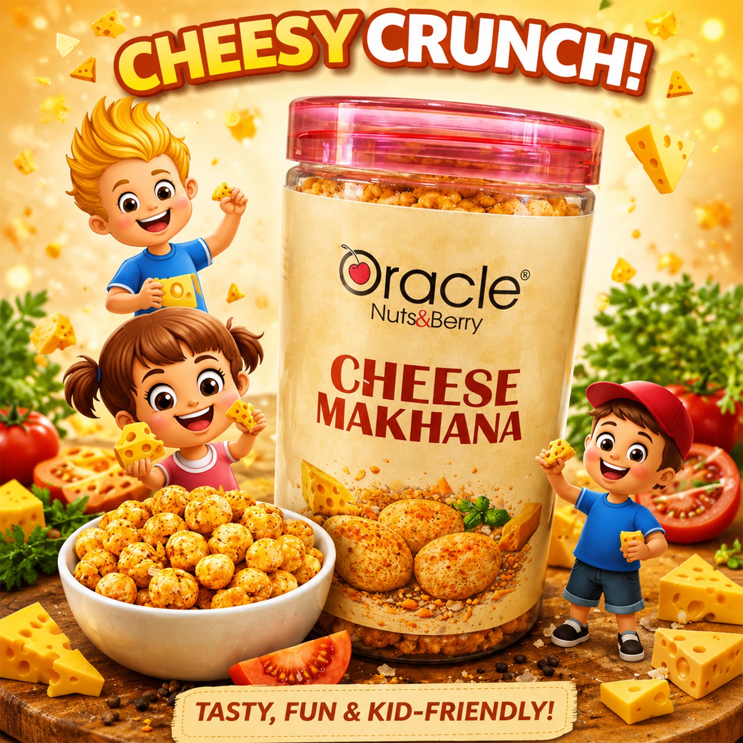 Snacks of crunchy cheese-flavoured fox nuts suitable for kids and adults