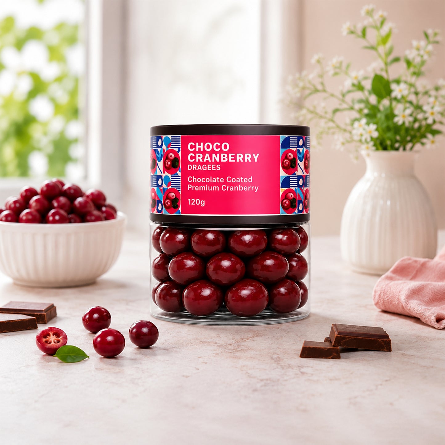 Arrangement of chocolate-coated cranberries with fresh cranberries.