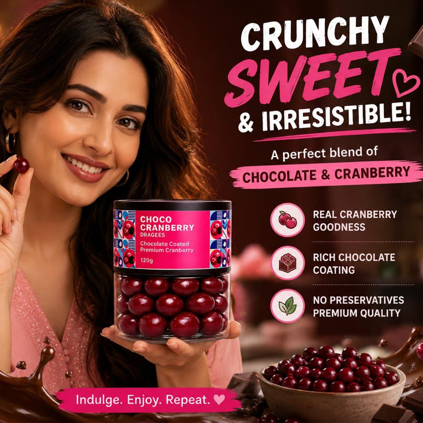 Ceramic bowl filled with Oracle Choco Cranberry Dragees, ready for enjoyment.