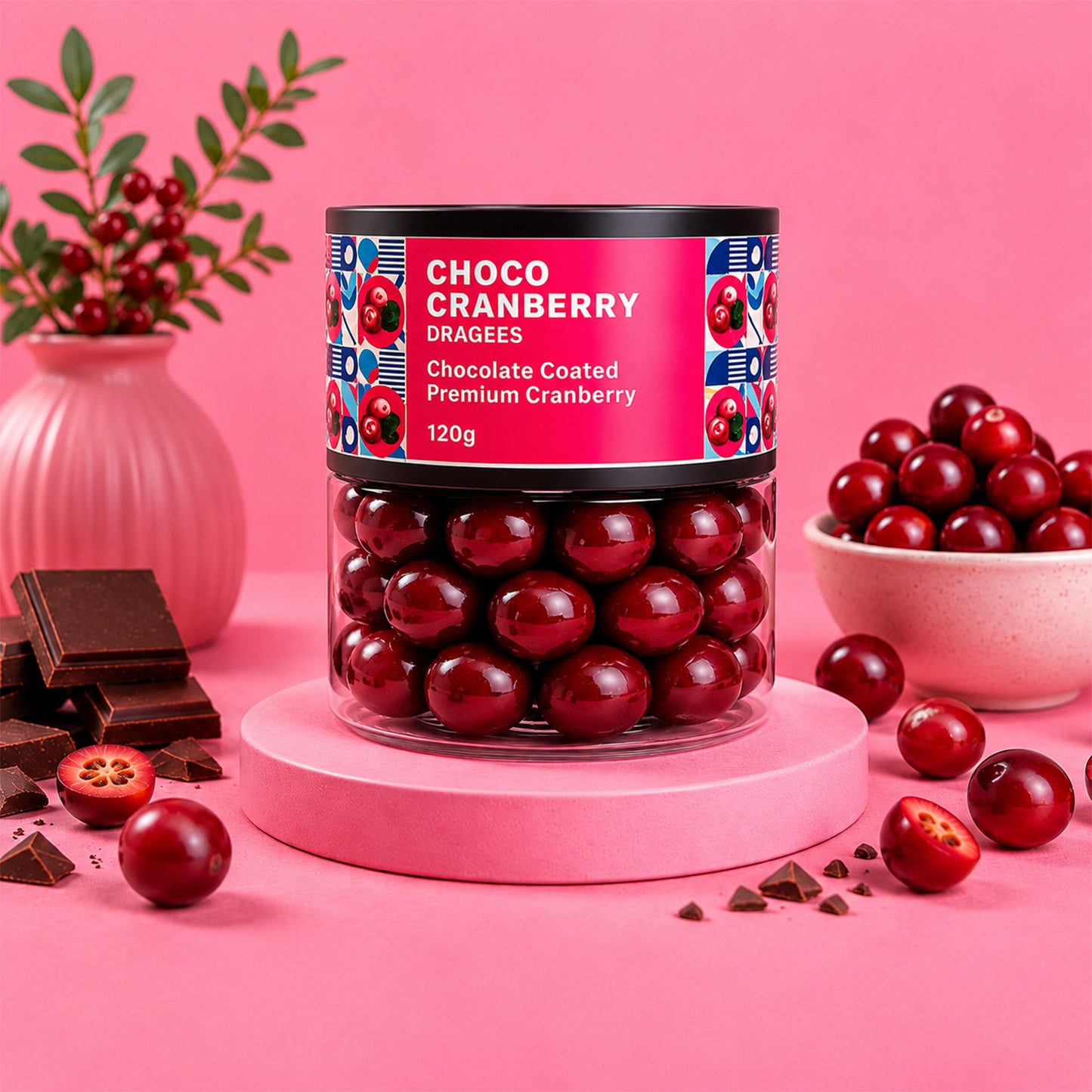 Oracle Choco Cranberry Dragees in a clear pouch showcasing smooth chocolate-coated cranberries.