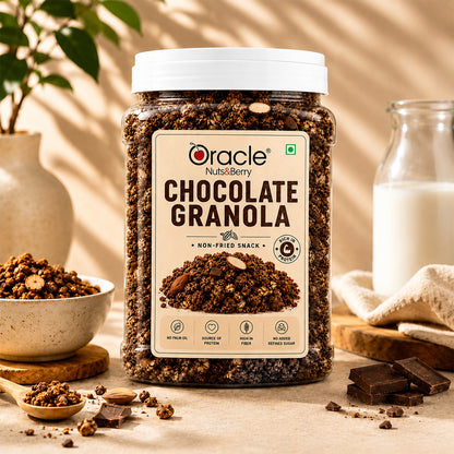 Oracle Choco Granola served in a bowl with milk and fruits