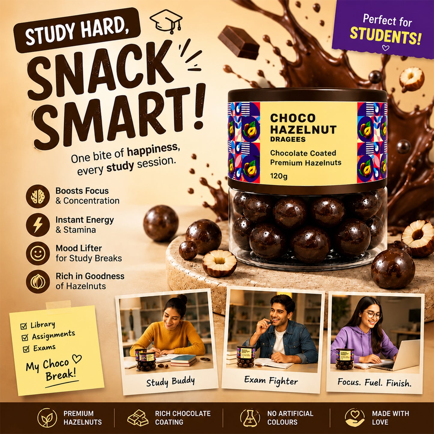 Top view of crunchy hazelnuts wrapped in smooth chocolate, ready to enjoy