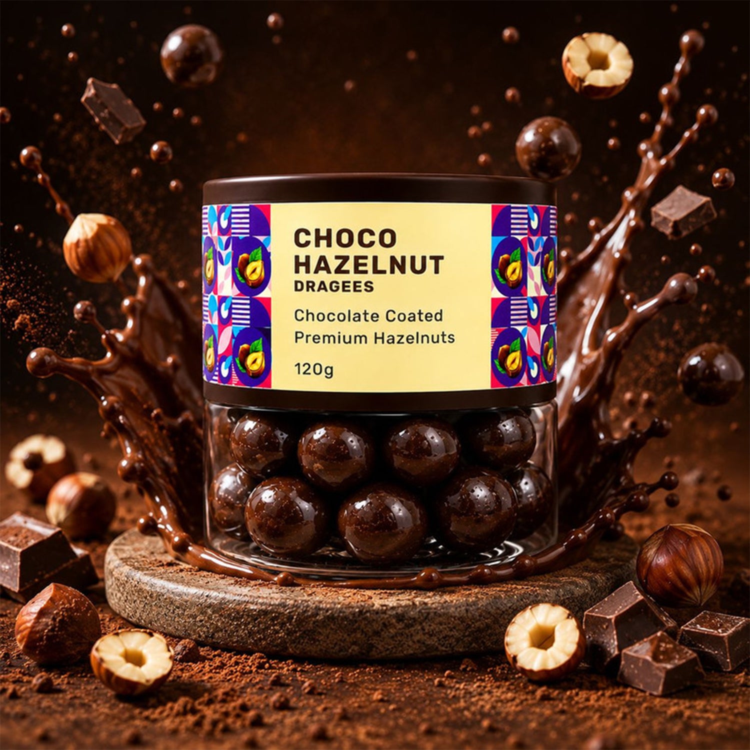 Packaged Oracle Choco Hazelnut Dragees in an elegant box highlighting the chocolate coating