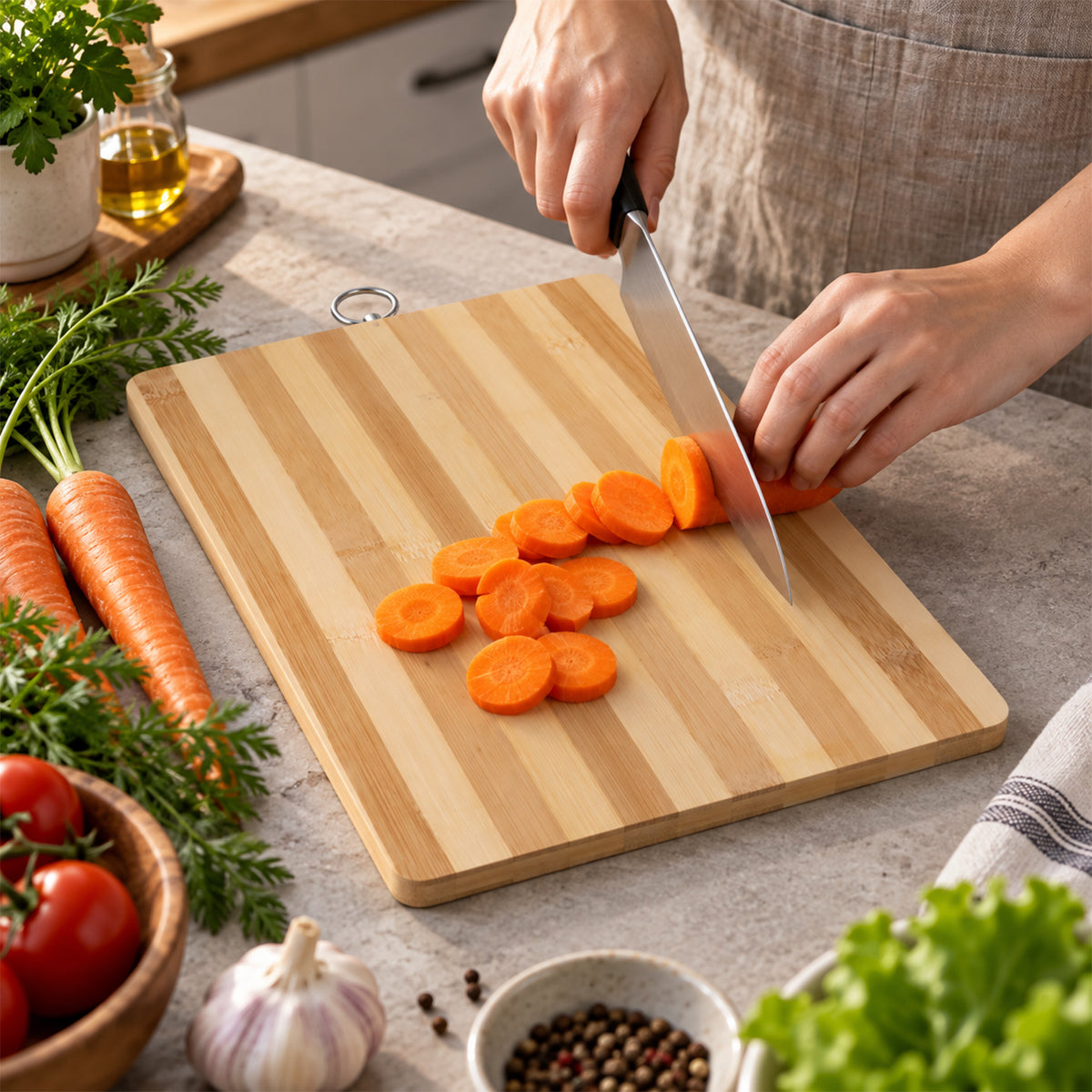 A person's hands slice carrots on a light and dark striped bamboo cutting board with a metal hanging ring.