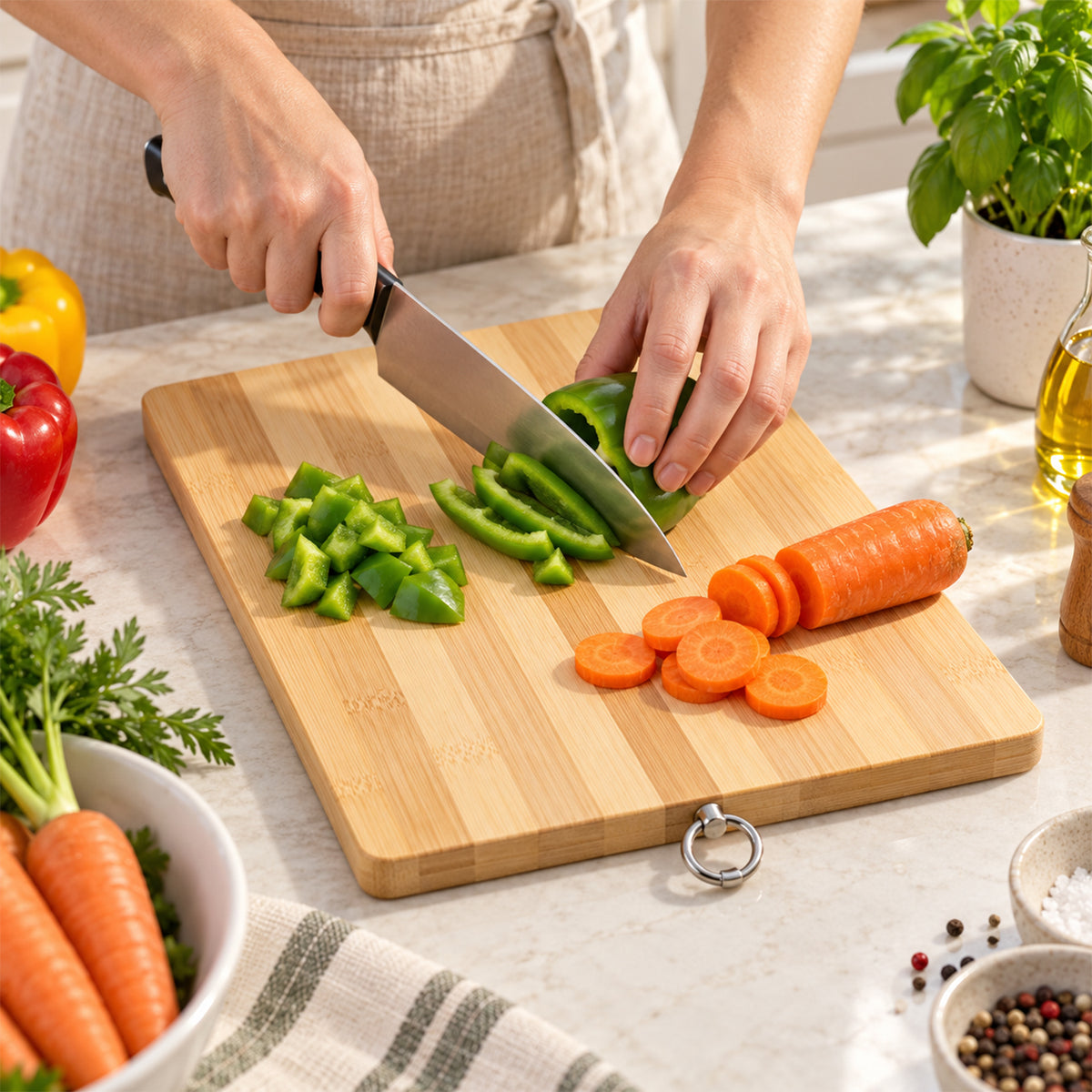 A person cuts green bell pepper and carrots on a striped wooden board, surrounded by fresh produce.