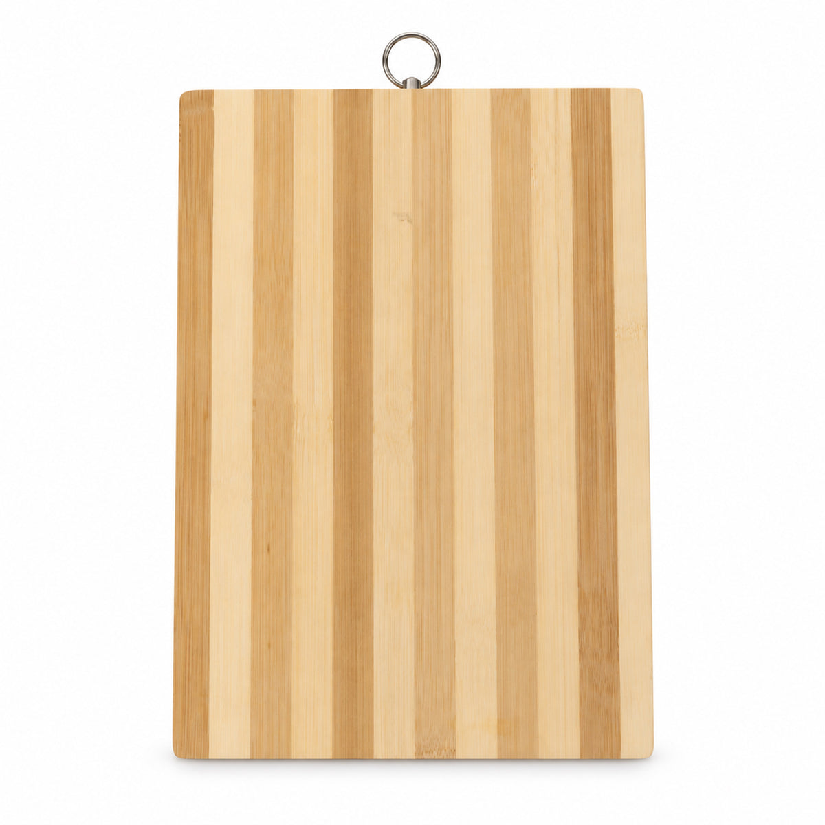 A rectangular bamboo cutting board with alternating light and dark wood stripes hangs against a white background.