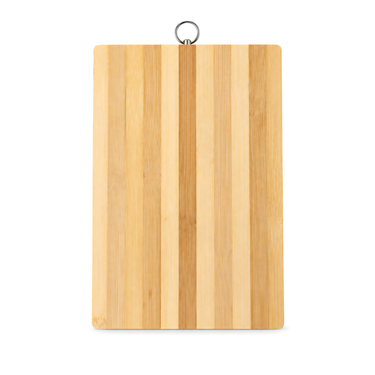 A light brown bamboo cutting board with vertical stripes and a silver hanging ring on a white background.