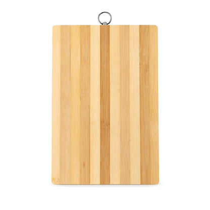 A light brown bamboo cutting board with vertical stripes and a silver hanging ring on a white background.