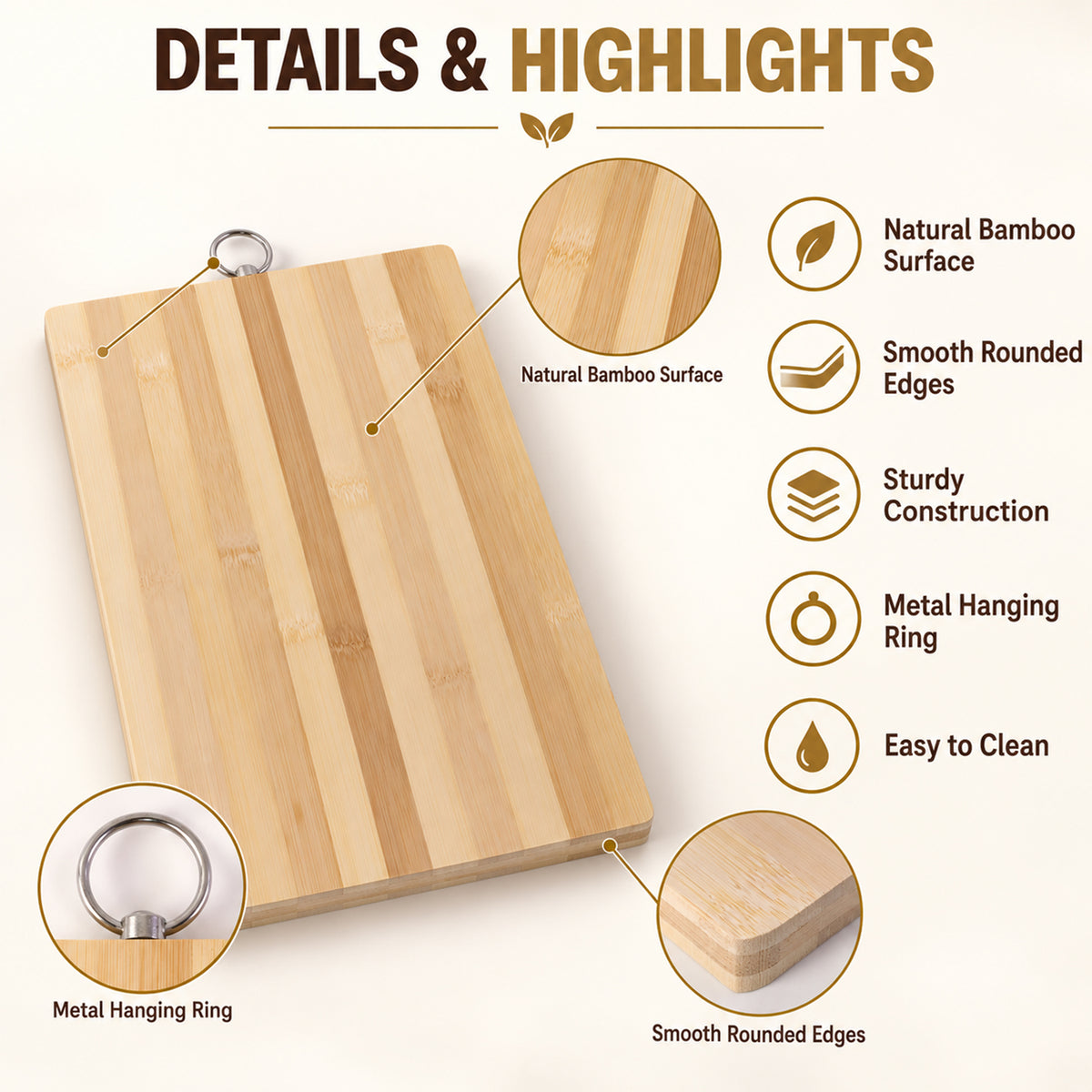 An infographic highlighting features of the bamboo cutting board, including its natural surface and rounded edges.