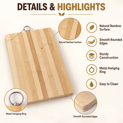 An infographic highlighting features of the bamboo cutting board, including its natural surface and rounded edges.