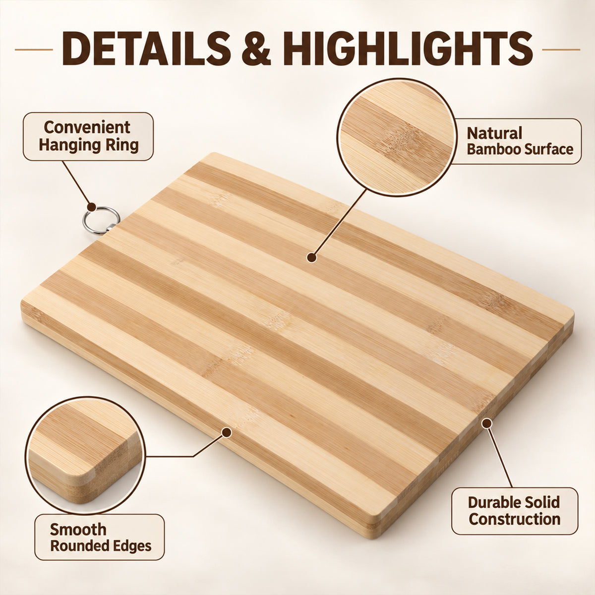An angled view of the bamboo cutting board highlights its natural surface, rounded edges, and durable construction.
