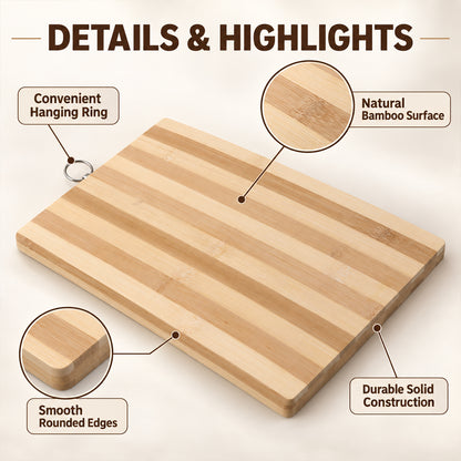 An angled view of the bamboo cutting board highlights its natural surface, rounded edges, and durable construction.