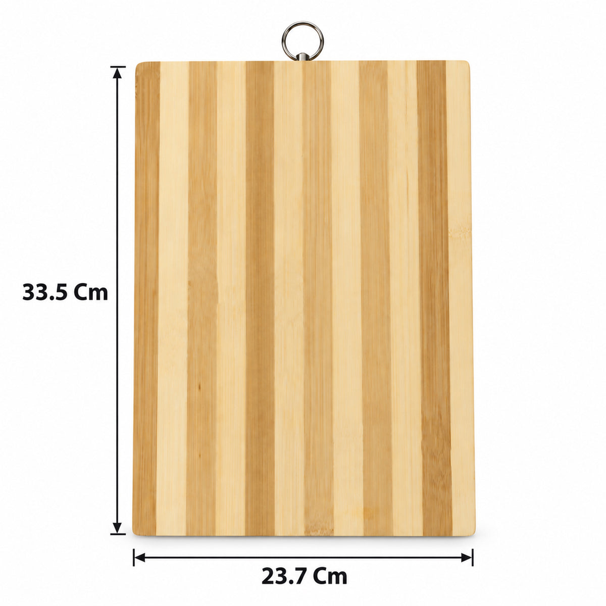 A rectangular bamboo cutting board with vertical stripes and a hanging ring, showing dimensions of 33.5 x 23.7 cm.