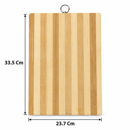 A rectangular bamboo cutting board with vertical stripes and a hanging ring, showing dimensions of 33.5 x 23.7 cm.