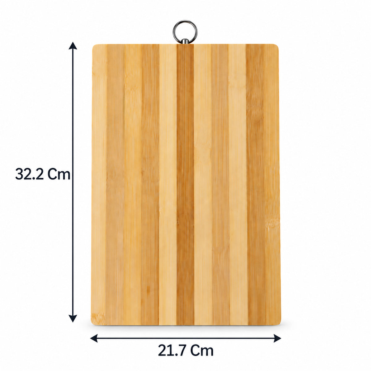 A bamboo cutting board displaying its dimensions: 32.2 cm length and 21.7 cm width.