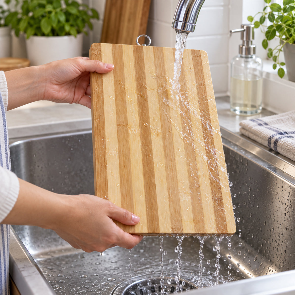 A person's hands rinse a striped bamboo cutting board under running water in a stainless steel kitchen sink.