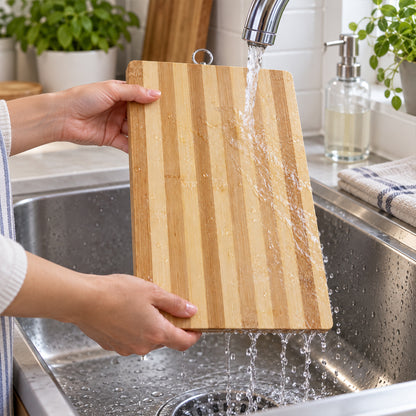 A person's hands rinse a striped bamboo cutting board under running water in a stainless steel kitchen sink.