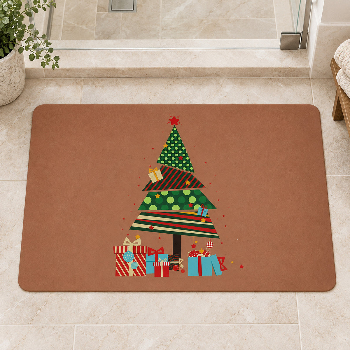 Christmas Tree and Gifts Floor Mat, Absorbent Anti-Slip Rug (1 Pc, 60x40 Cm)
