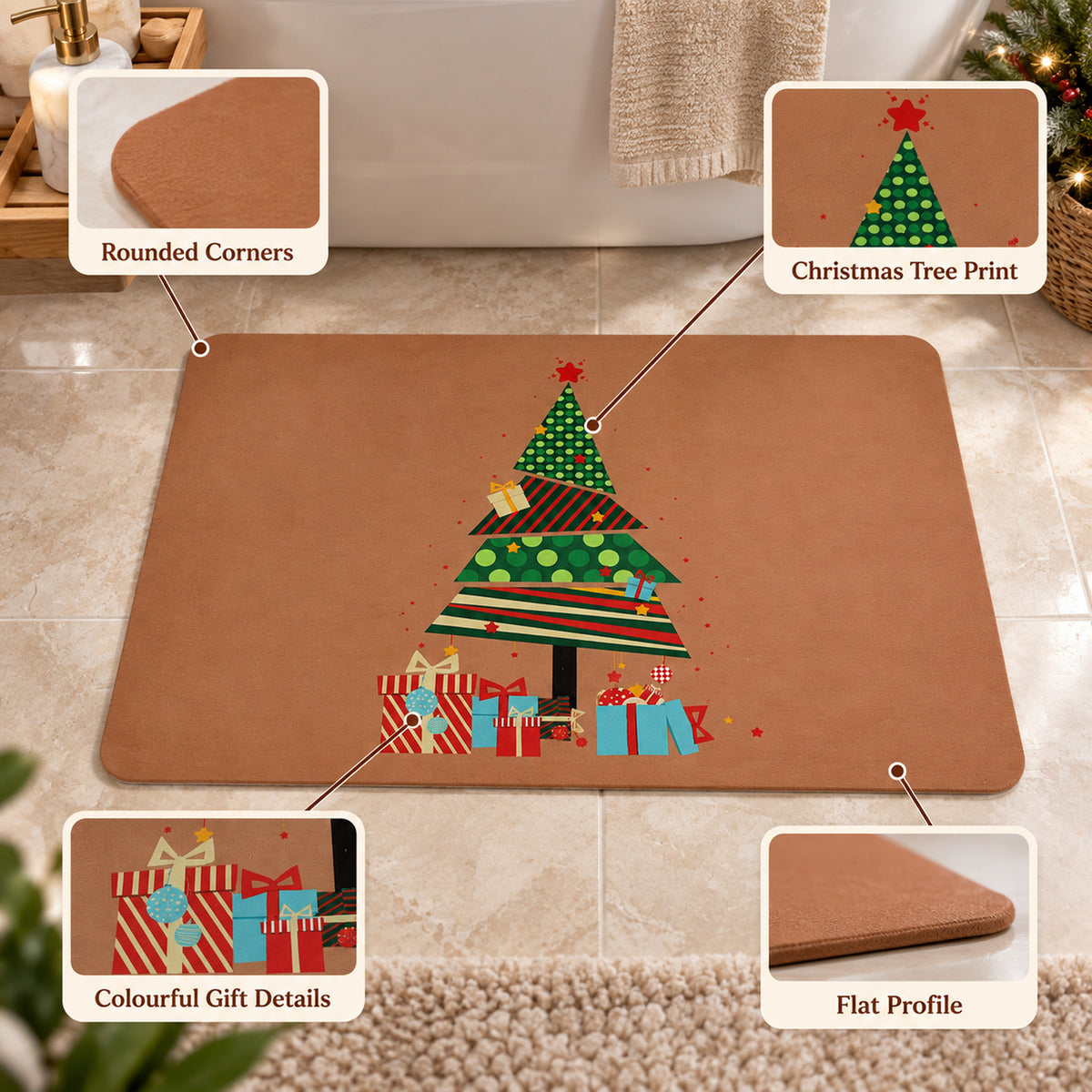 Christmas Tree and Gifts Floor Mat, Absorbent Anti-Slip Rug (1 Pc, 60x40 Cm)