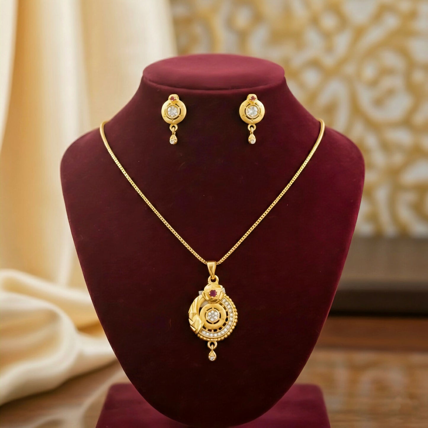 Gold-Plated Circular Pendant Necklace with Matching Drop Earrings