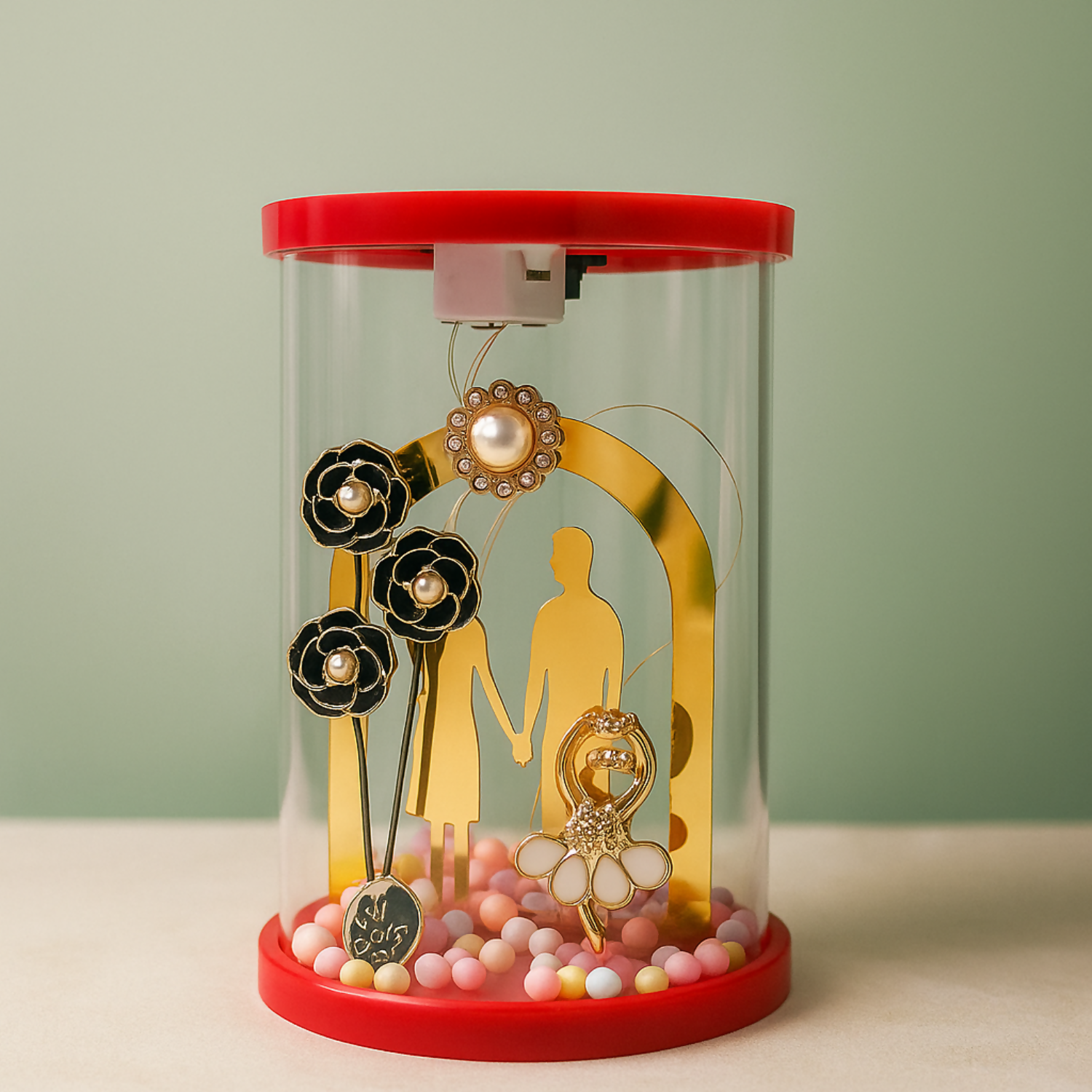 Romantic Couple Dome LED Night Lamp with Artificial Flowers & Pastel Beads | Transparent Acrylic Cylinder Gift Light | Decorative Showpiece for Bedroom, Living Room & Gifting – Warm Light, Battery Operated