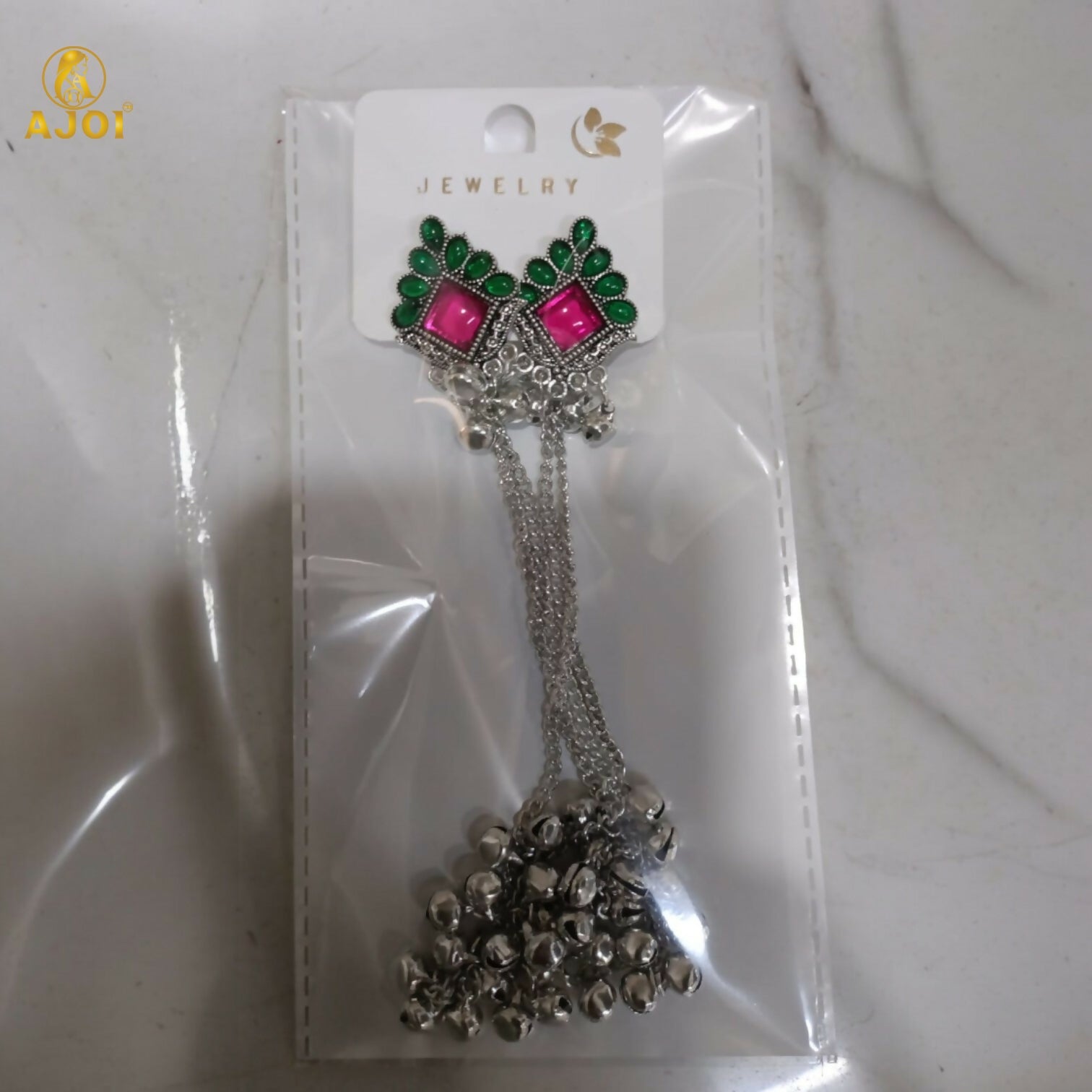 Kashmiri Style Silver Plated Long Chain Drop Earrings with Pink & Green Stones
