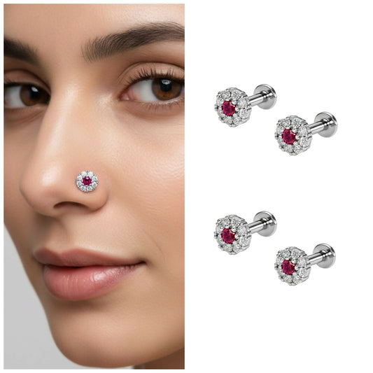 Silver Plated Ruby & Diamond Halo Floral Nose Pin Flat Back Combo Pack of 4