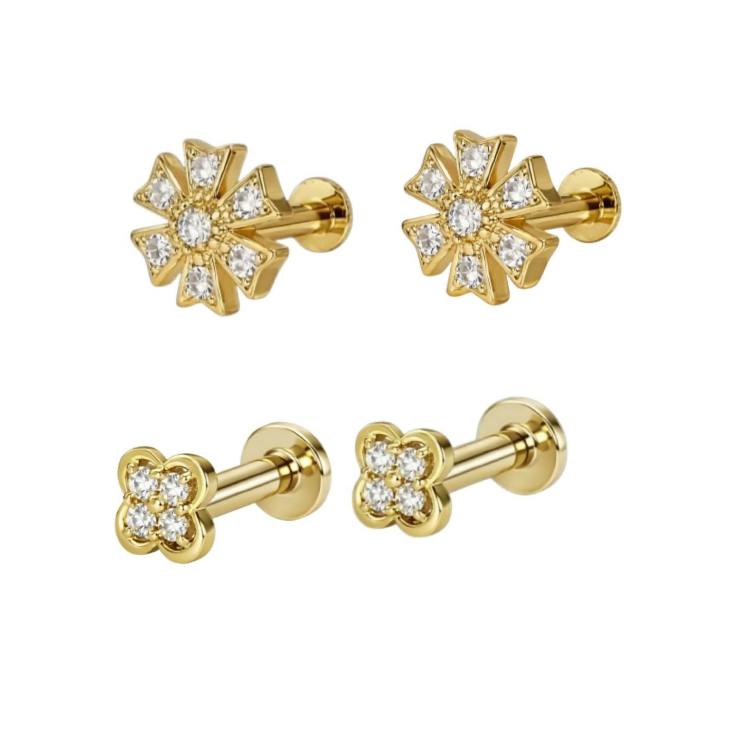 Set of two pairs of 5mm gold floral stud earrings with cubic zirconia stones