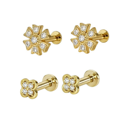 Set of two pairs of 5mm gold floral stud earrings with cubic zirconia stones
