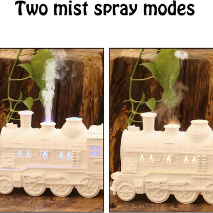 White Train Aroma Diffuser with Double Mist, LED Flames & Timer Modes