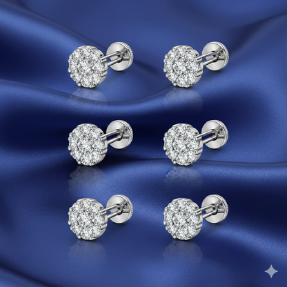 Close-up of silver plated crystal cluster studs showing sparkling crystals in flat back design
