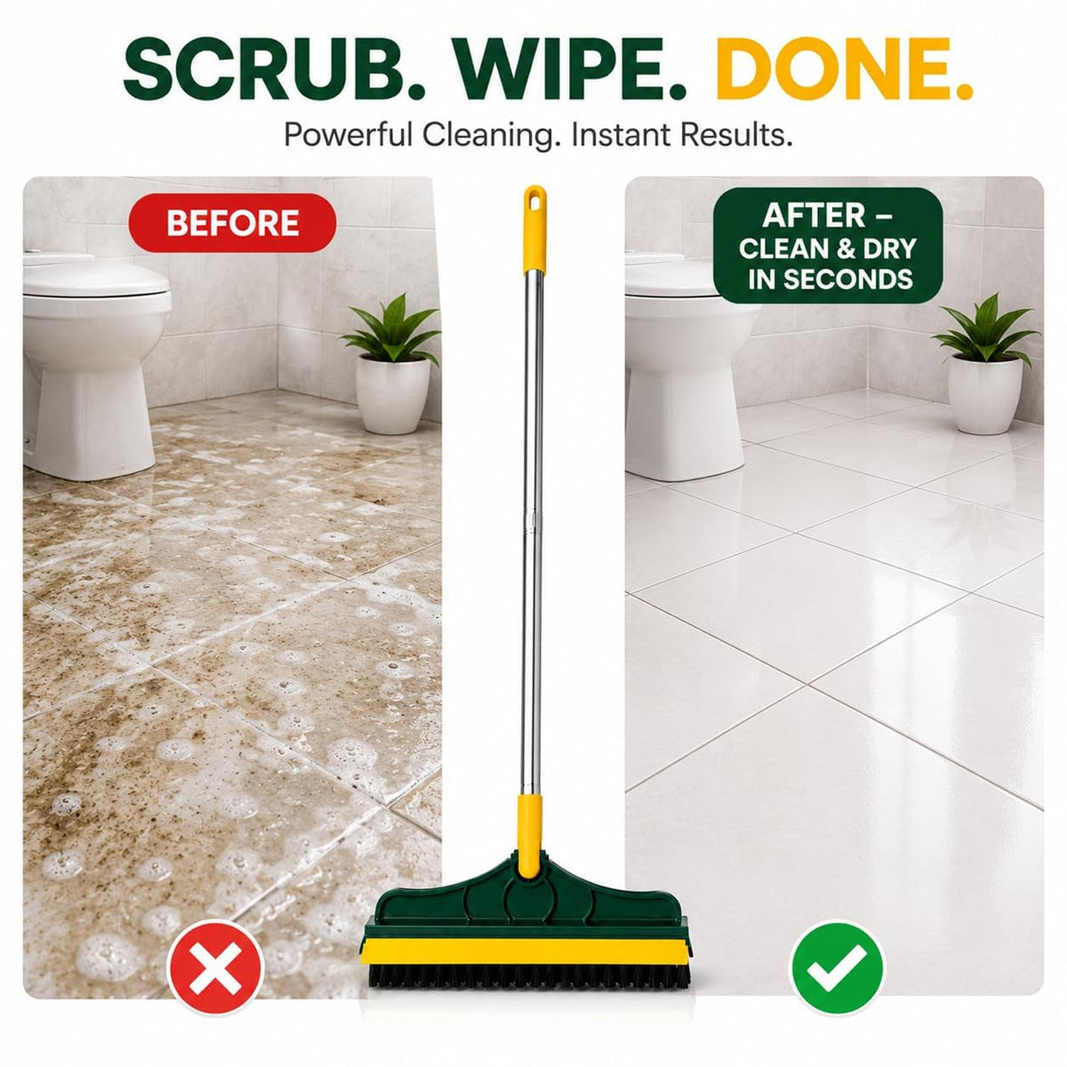 A green and yellow floor brush stands between two bathroom scenes: a dirty tiled floor on the left labeled "BEFORE" and a