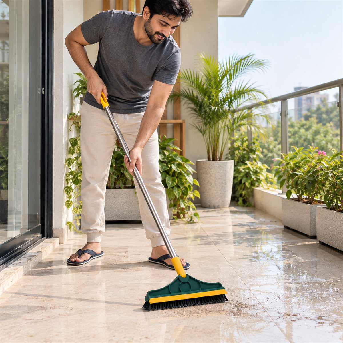A man in a grey shirt and beige pants sweeps dirt on a tiled balcony with a green and yellow brush, surrounded by potted