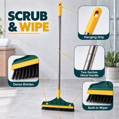 A green and yellow floor brush with a metal handle stands upright, with insets showing its hanging grip, two-section handle,