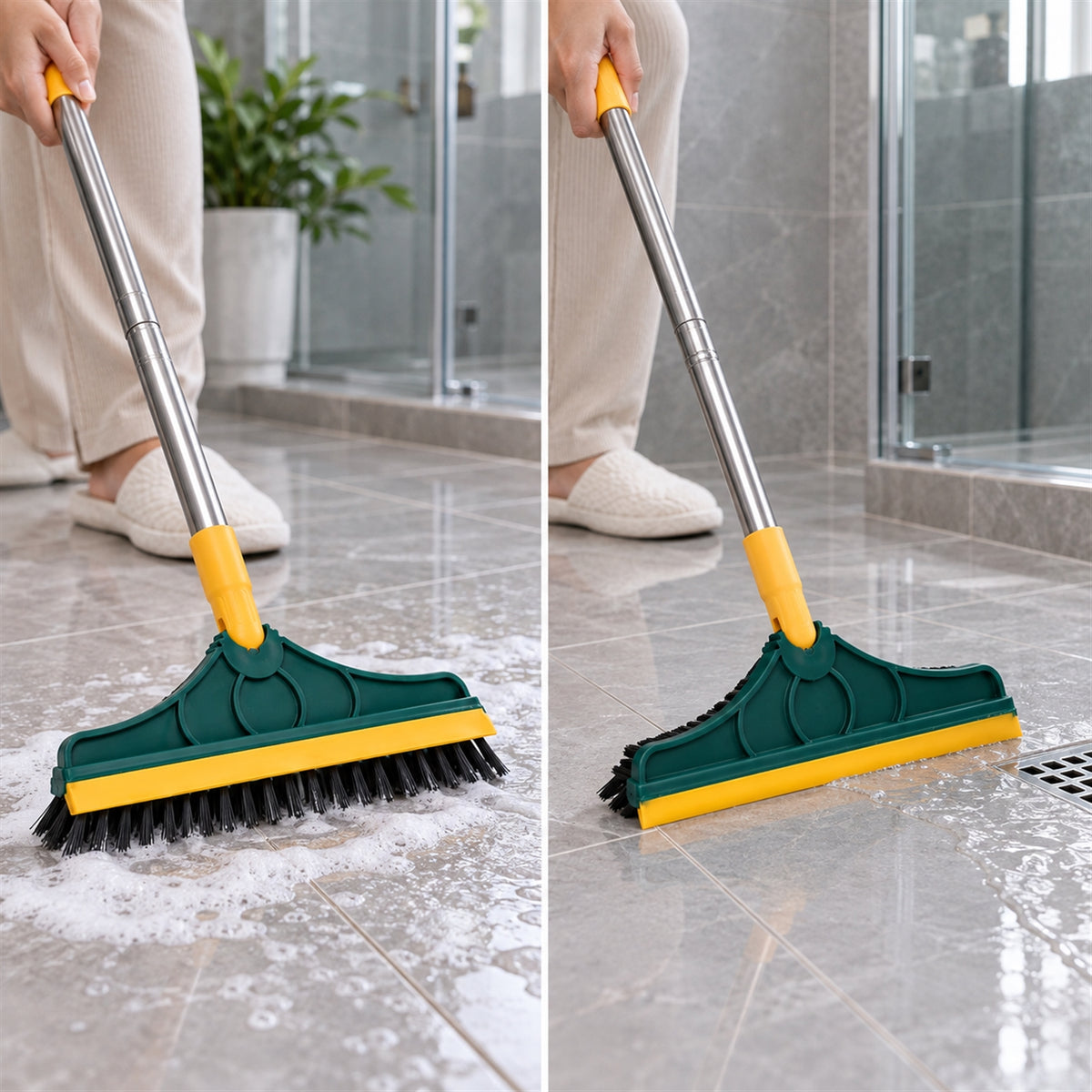 A split image shows a person's hands holding a green and yellow brush scrubbing a foamy floor on the left, and wiping water