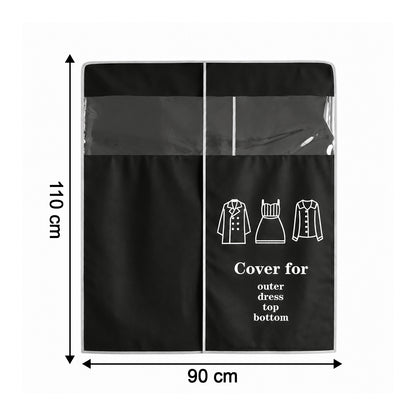Clothes hanging inside a dust cover on a rack