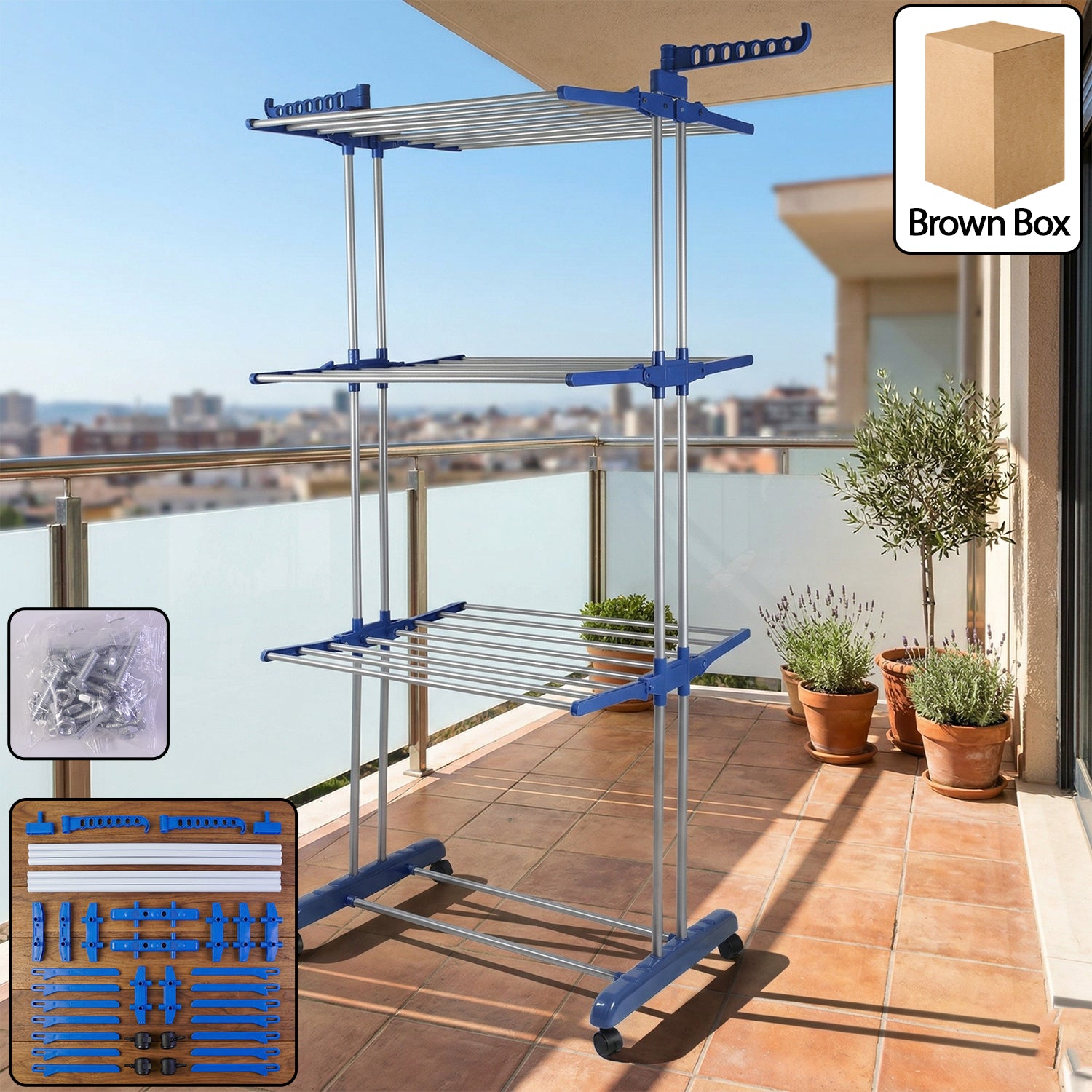 3-layer foldable clothes drying stand with wheels