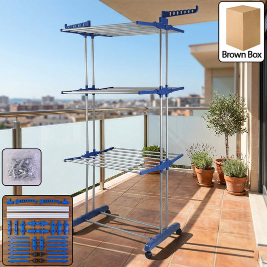 3 Layer Foldable Clothes Drying Stand Rack with Wheels (1 Pc)