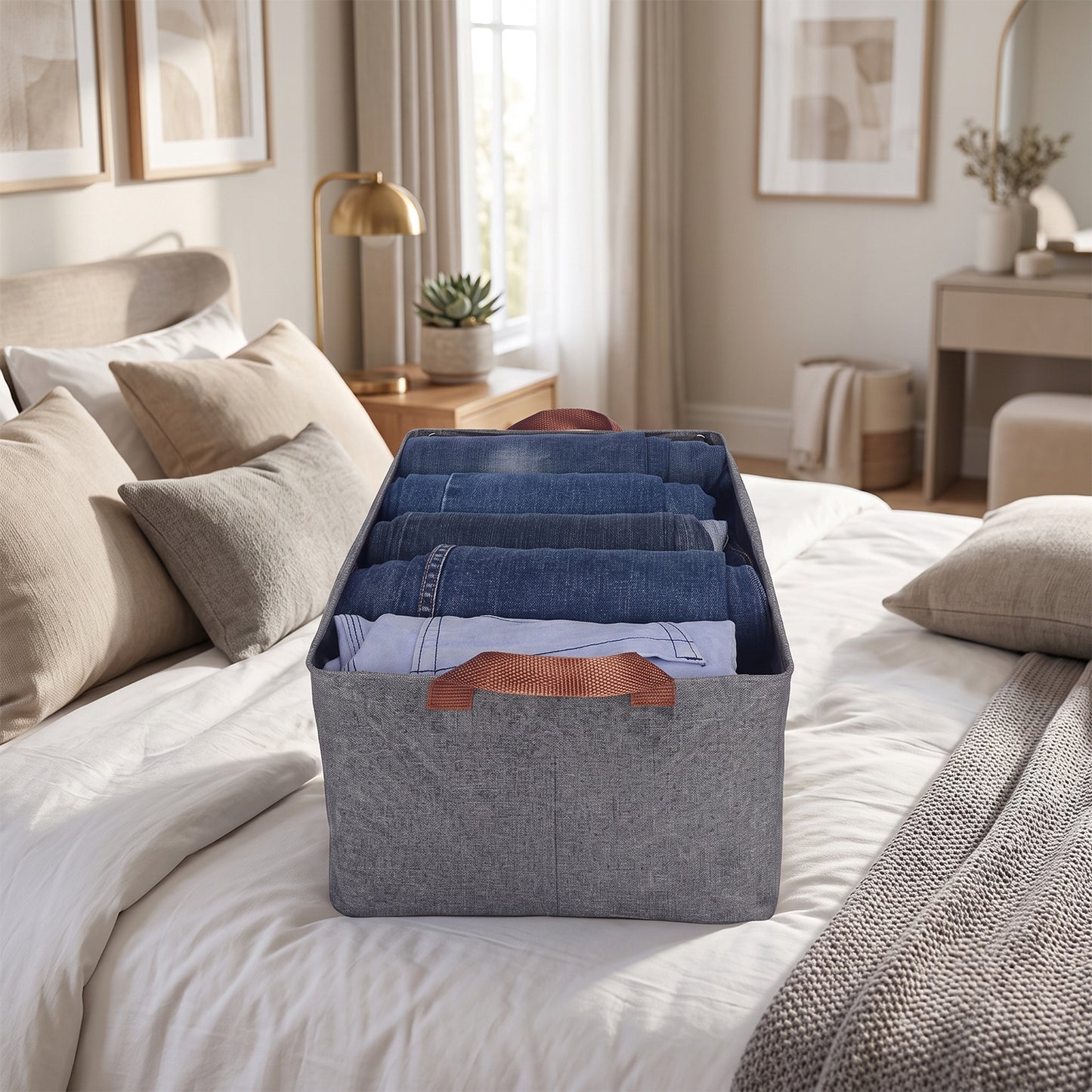 Foldable Cloth Storage Basket with Handle, Collapsible Clothes Organizer (1 Pc / 47x28 Cm)