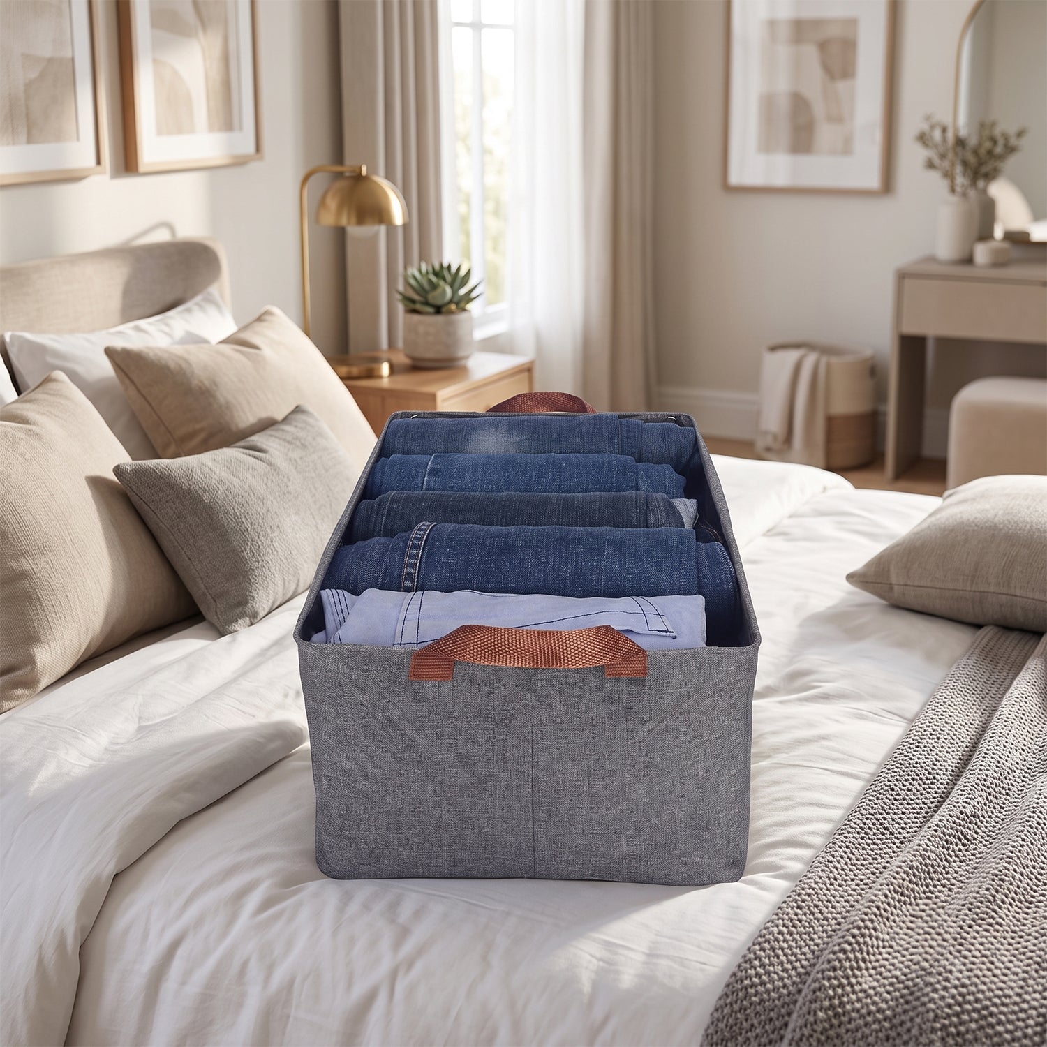 Foldable Cloth Storage Basket with Handle, Collapsible Clothes Organizer (1 Pc / 47x28 Cm)