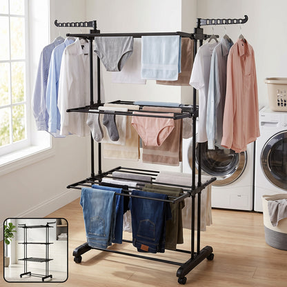 Metal Expandable Garment Rack 3 Layer Cloth Drying Stand with Wheels (1 Pc)