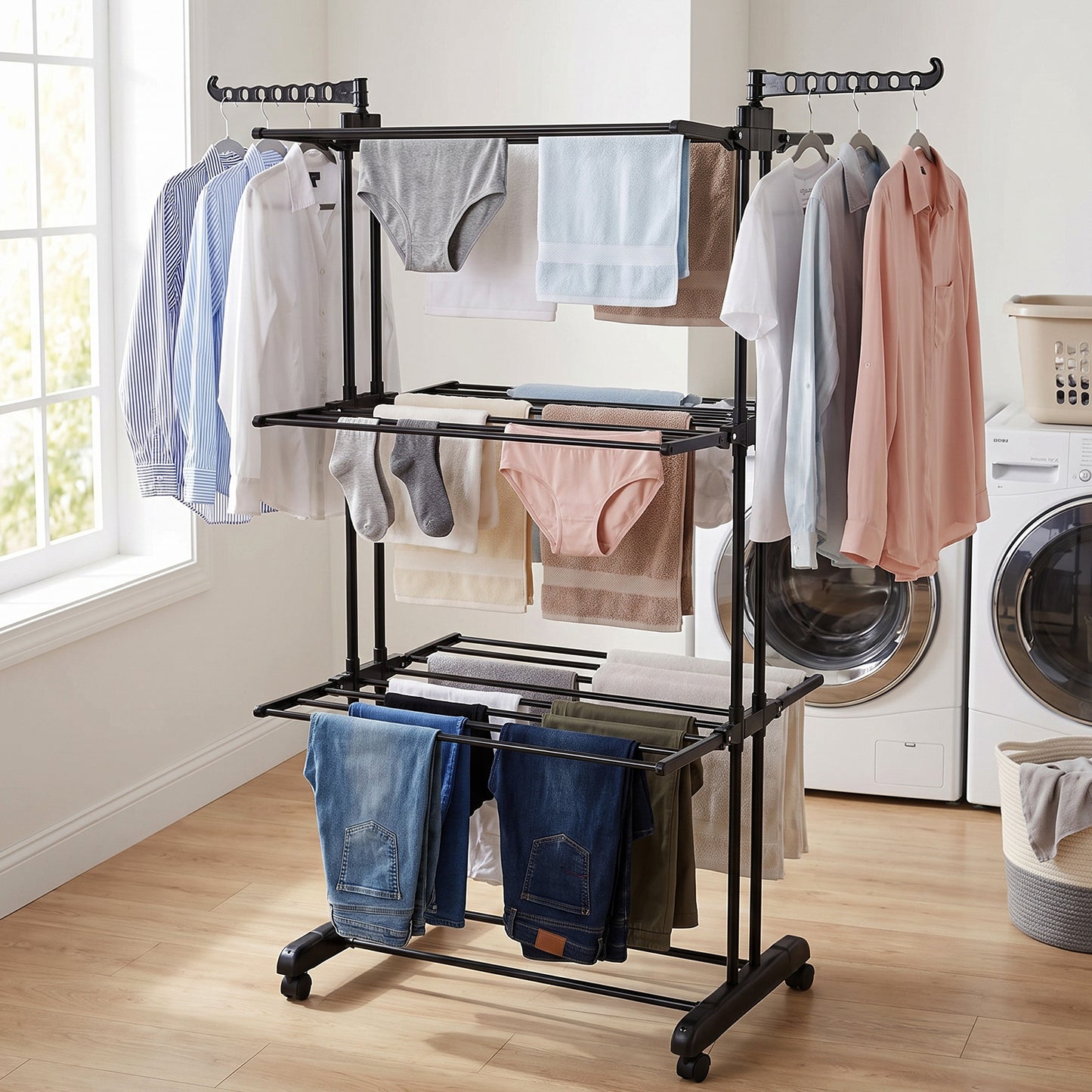 Metal Expandable Garment Rack 3 Layer Cloth Drying Stand with Wheels (1 Pc)