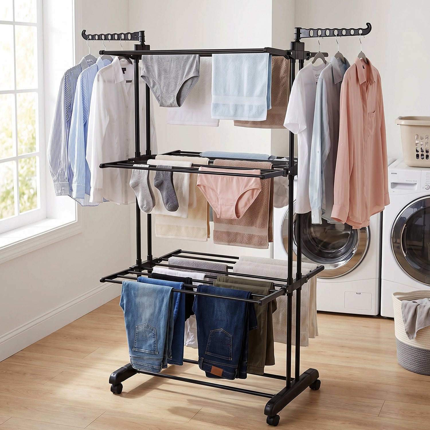 Metal Expandable Garment Rack 3 Layer Cloth Drying Stand with Wheels (1 Pc)