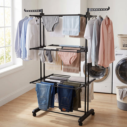 Metal Expandable Garment Rack 3 Layer Cloth Drying Stand with Wheels (1 Pc)