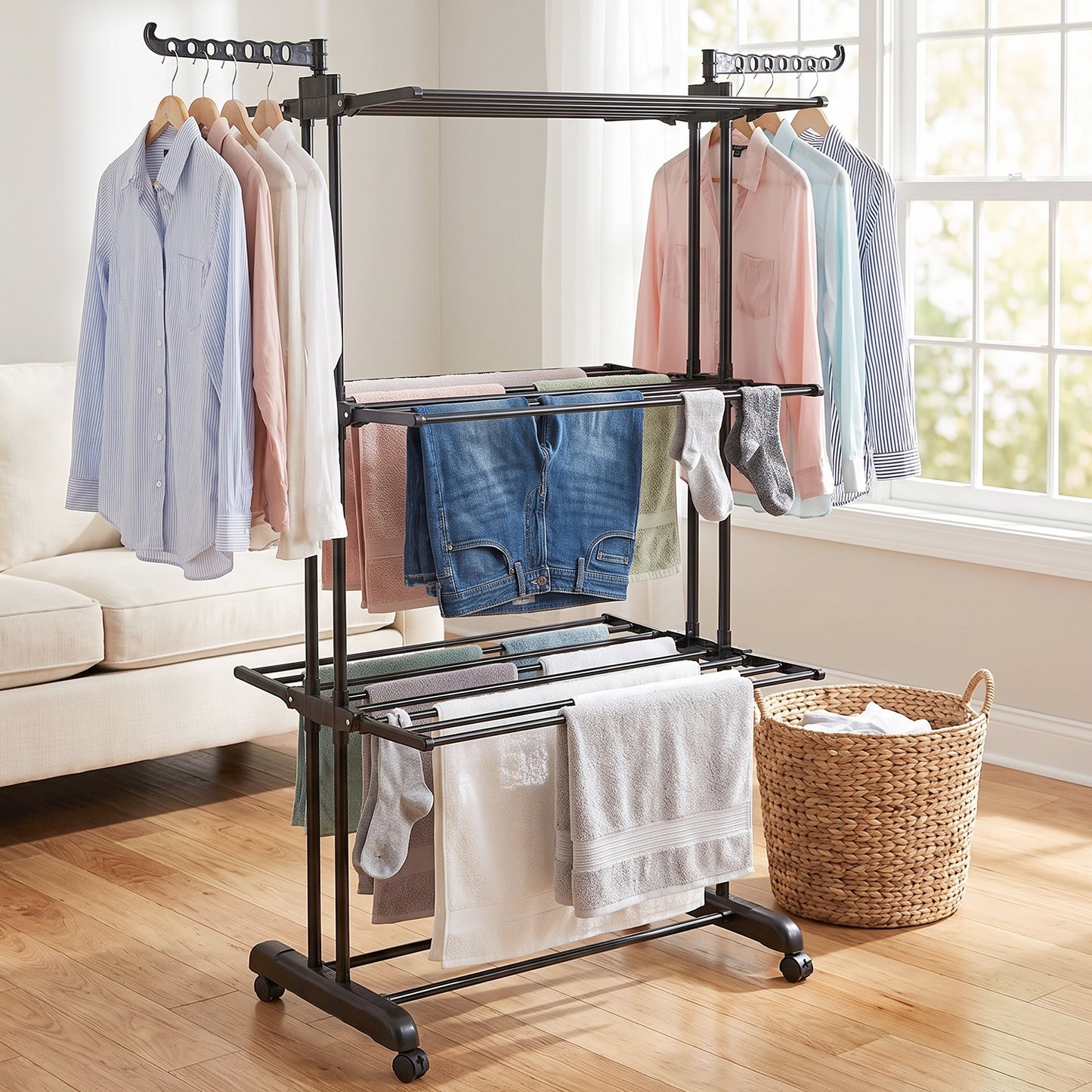 Metal Expandable Garment Rack 3 Layer Cloth Drying Stand with Wheels (1 Pc)