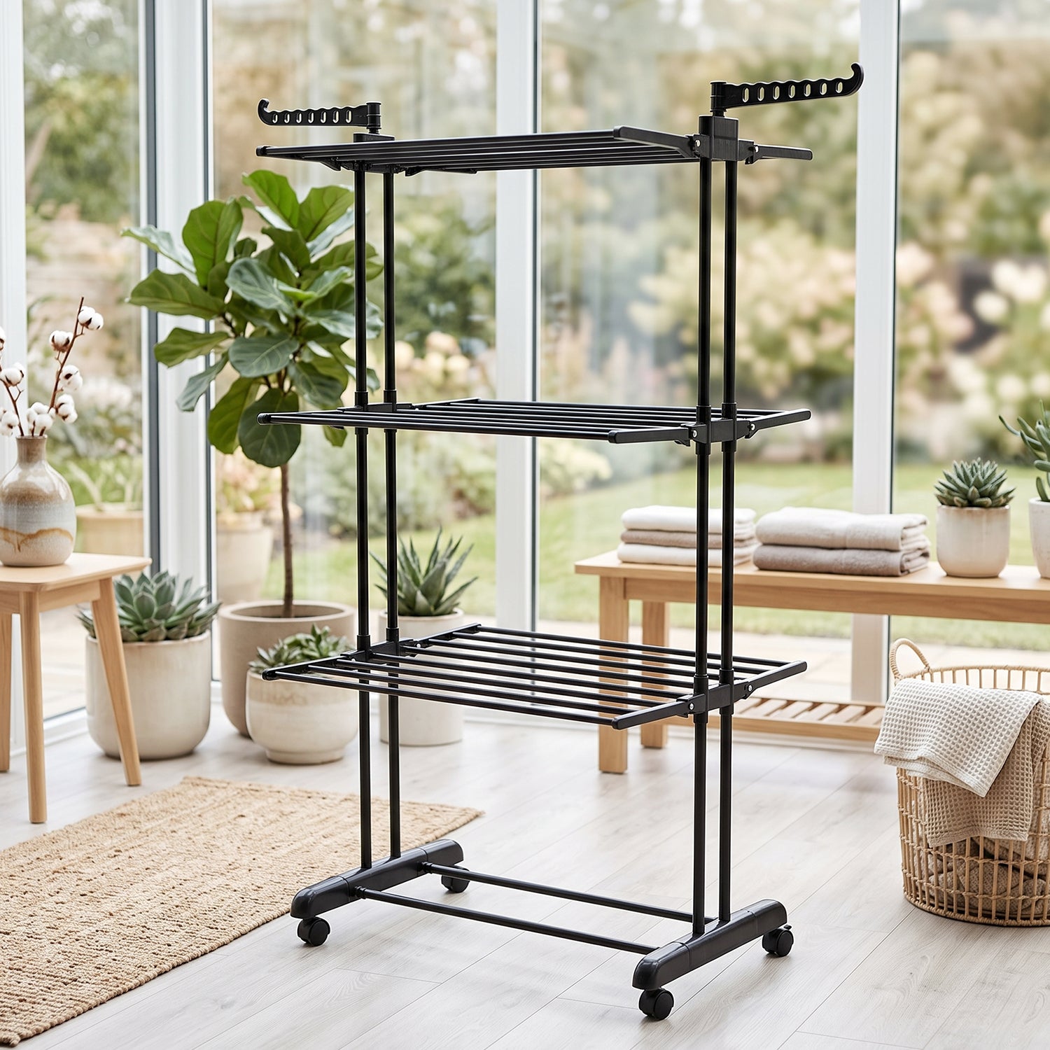 Metal Expandable Garment Rack 3 Layer Cloth Drying Stand with Wheels (1 Pc)