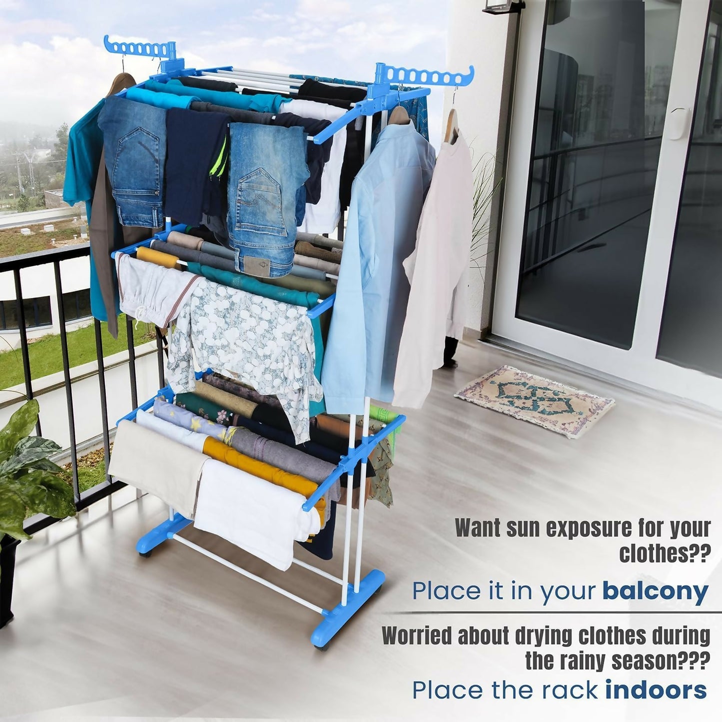 Foldable Cloth Drying Stand with Wheels | Multi-Layer Heavy Duty Clothes Rack for Indoor & Outdoor Use
