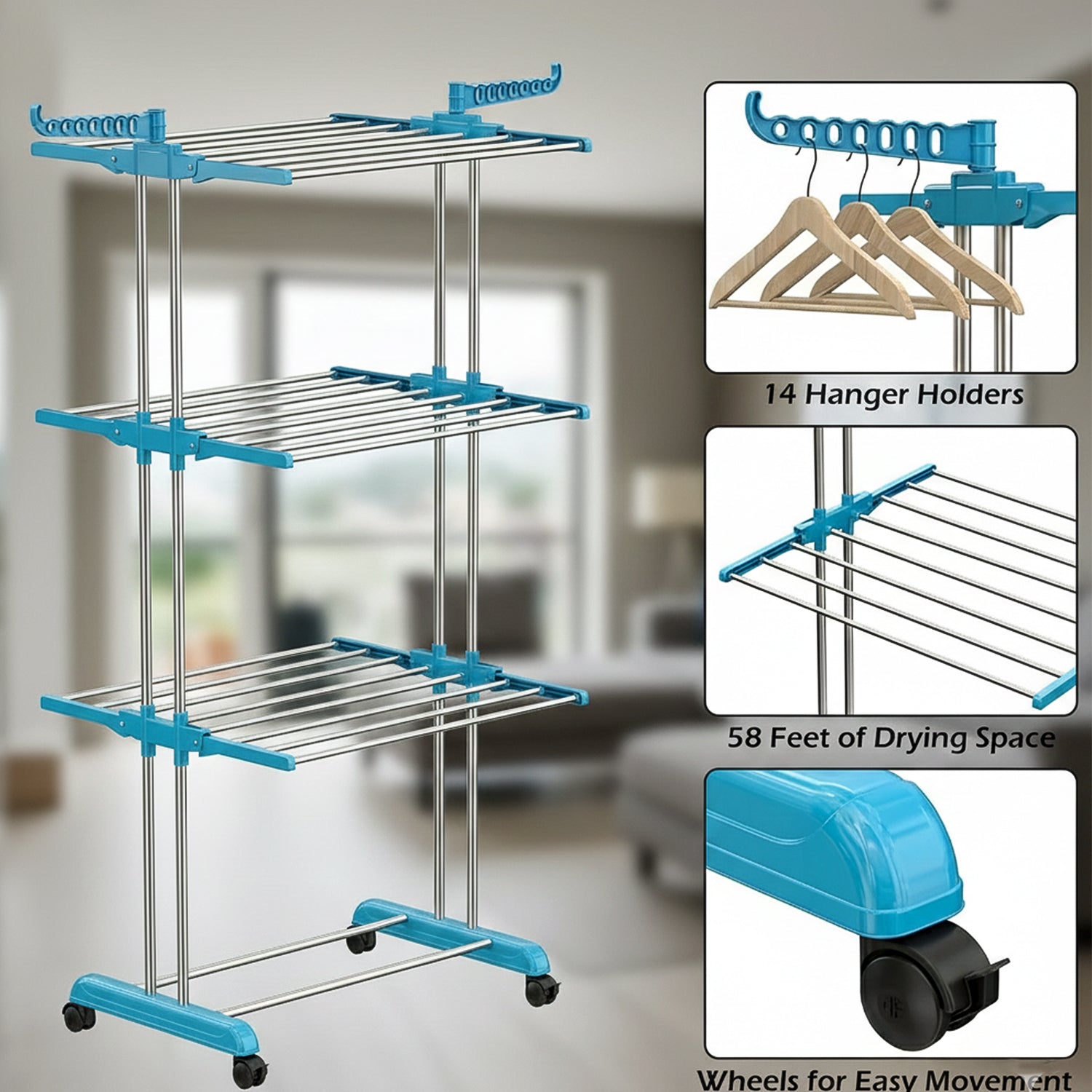 Foldable Cloth Drying Stand with Wheels | Multi-Layer Heavy Duty Clothes Rack for Indoor & Outdoor Use