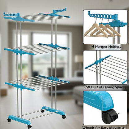 Foldable Cloth Drying Stand with Wheels | Multi-Layer Heavy Duty Clothes Rack for Indoor & Outdoor Use