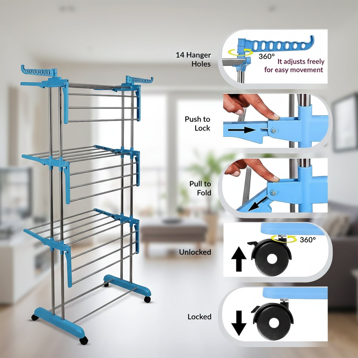 Foldable Cloth Drying Stand with Wheels | Multi-Layer Heavy Duty Clothes Rack for Indoor & Outdoor Use